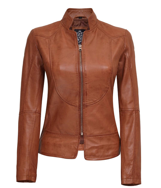 Chaqueta de cuero casual marrón para mujer